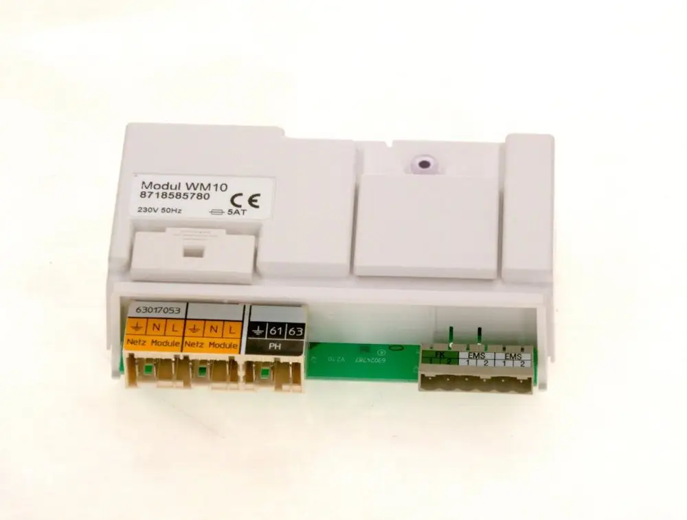 Bosch Modul WM10 in Weiß mit Anschlussmöglichkeiten, beschrifteten Terminals für Netzmodule und anderen Funktionen zur Verwendung in elektrischen Systemen.
